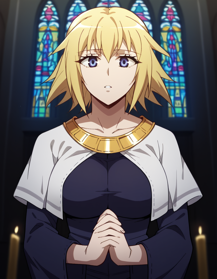 score_9, score_8_up, score_7_up, source_anime, <lora:jeanne-d-arc-apocrypha-s1-ponyxl-lora-nochekaiser:1>, jeanne d arc, blonde hair, blue eyes, long hair, large breasts,, <lora:buddhist-nun-ponyxl-lora-nochekaiser:1>, buddhist nun, nun, habit, vitakra mudra, mudra, coif, gold necklace, priestess,, church, parted lips, praying,, cowboy shot, , dutch angle, cowboy shot
