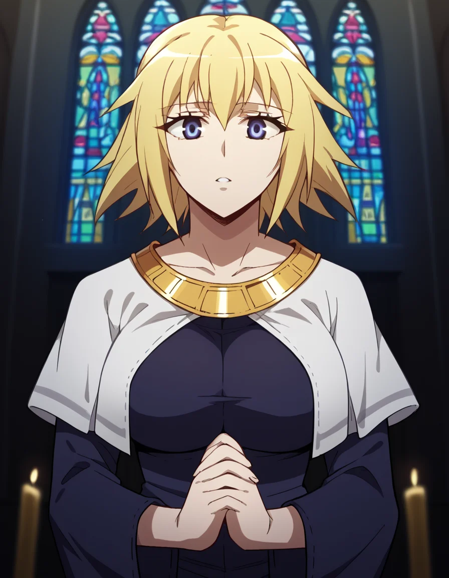 score_9, score_8_up, score_7_up, source_anime, <lora:jeanne-d-arc-apocrypha-s1-ponyxl-lora-nochekaiser:1>, jeanne d arc, blonde hair, blue eyes, long hair, large breasts,, <lora:buddhist-nun-ponyxl-lora-nochekaiser:1>, buddhist nun, nun, habit, vitakra mudra, mudra, coif, gold necklace, priestess,, church, parted lips, praying,, cowboy shot, , dutch angle, cowboy shot