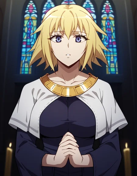 score_9, score_8_up, score_7_up, source_anime, <lora:jeanne-d-arc-apocrypha-s1-ponyxl-lora-nochekaiser:1>, jeanne d arc, blonde hair, blue eyes, long hair, large breasts,, <lora:buddhist-nun-ponyxl-lora-nochekaiser:1>, buddhist nun, nun, habit, vitakra mudra, mudra, coif, gold necklace, priestess,, church, parted lips, praying,, cowboy shot, , dutch angle, cowboy shot