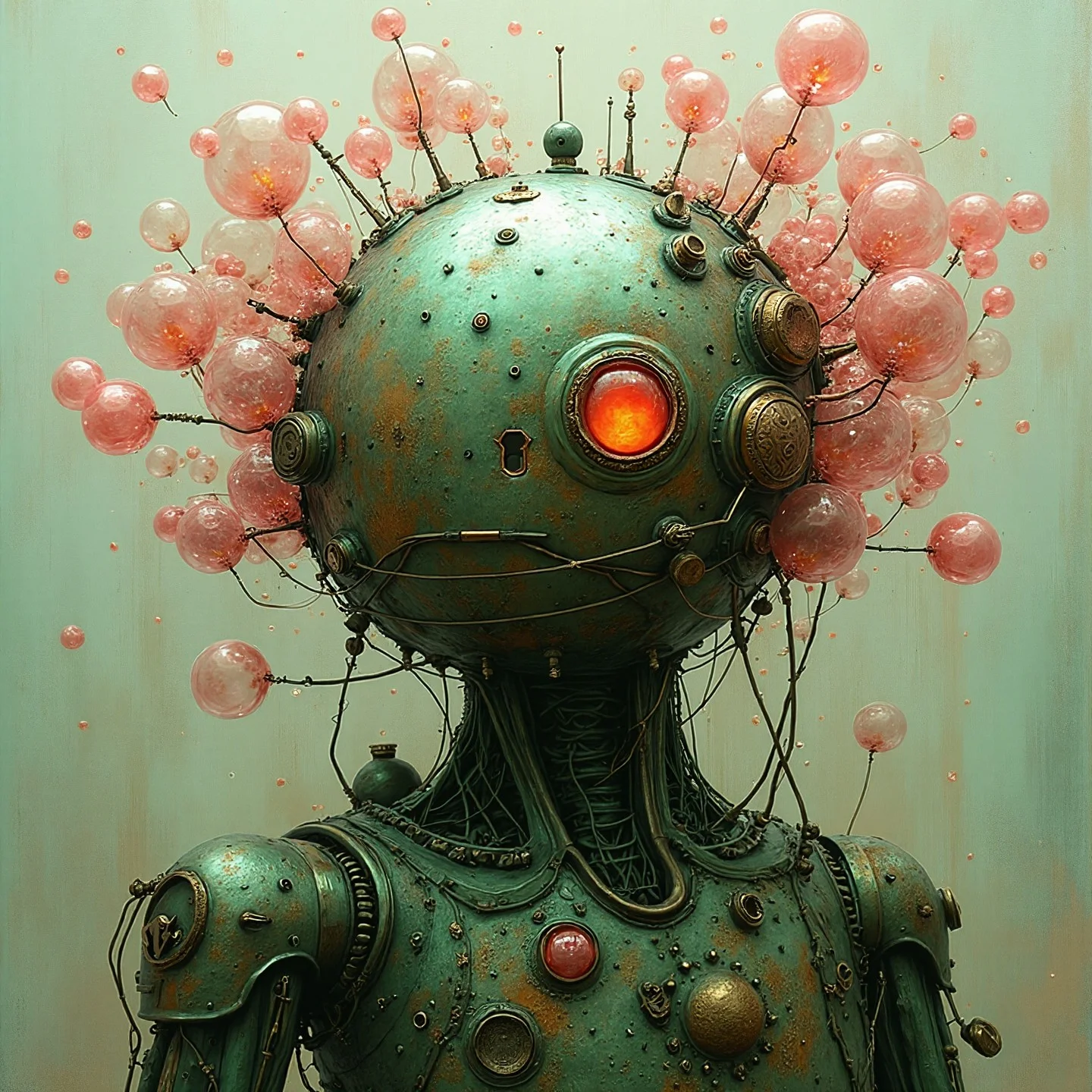 <lora:Florate Flux_v2_epoch_3:0.9> A surrealist painting of spring green and mahogany variegated organic copper steampunk android, with many pale hot pink lobes of differing sizes