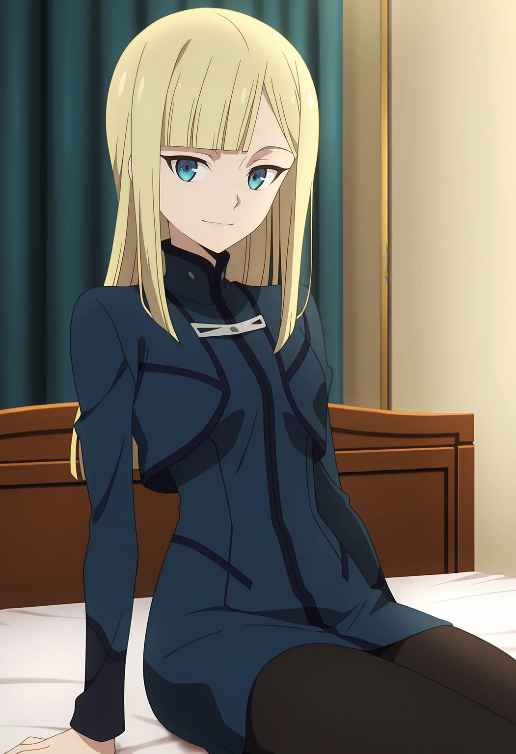 anime screencap, masterpiece, best quality,
<lora:FateSeries_LordEl-MelloiII_ReinesArchisorte_IlluXL:0.9>,
1girl, solo, closed mouth, light smile,
swept bangs, blunt bangs, long hair, blonde hair, blue eyes,
blue dress, long sleeves, black pantyhose,
sitting, looking at viewer, cowboy shot,
indoors, on bed, curtains