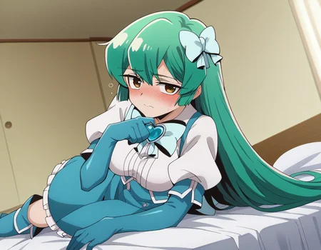 score_9, score_8_up, score_7_up, source_anime,
sayominakami, <lora:sayo-minakami-ponyxl-lora-nochekaiser:1>
sayo minakami, long hair, brown eyes, bow, hair bow, green hair,
skirt, gloves, boots, elbow gloves, magical girl, blue gloves,
indoors, bed, bed room, on side, blush, drunk,
looking at viewer, dutch angle, cowboy shot