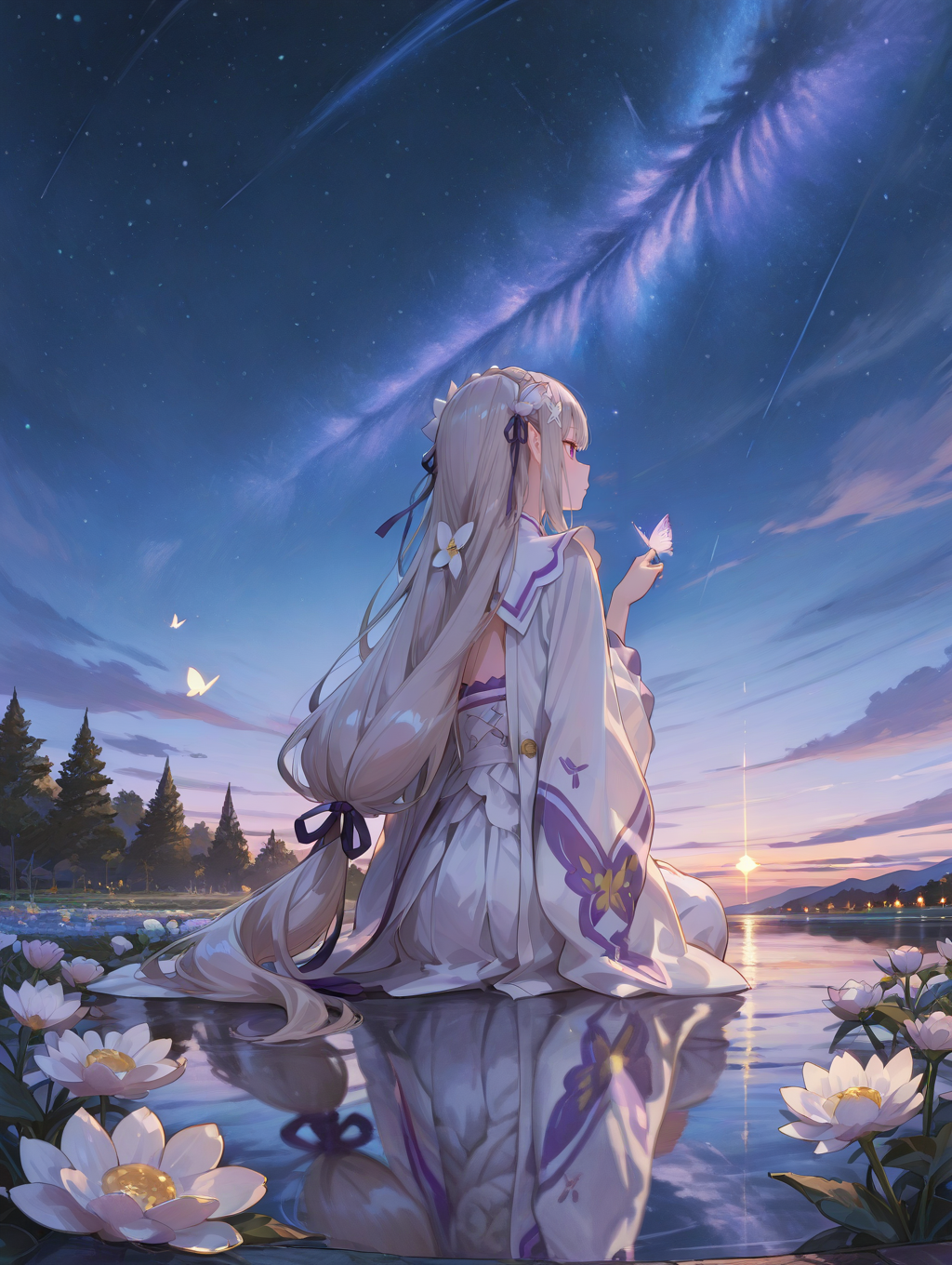 perfect quality,high quality,masterpiece,best quality,amazing quality,very aesthetic,absurdres,newest,looking_to_the_side,
EmiliaCYQL,1girl,elf,long hair,very long hair,bangs,grey hair,braid,crown braid,low-tied long hair,hair ornament,x hair ornament,flower,hair flower,white flower,ribbon,hair ribbon,purple eyes,pointy ears,
bug,butterfly,sky,star(sky),starrysky,scenery,night,nightsky,nohumans,reflection,outdoors,dark,,
<lora:Emilia_Illustrious by Cyql:1>,usnr,748cmstyle,<lora:USNR STYLE_XL_loha:0.45>,<lora:DarkerThanBlackIllustrious:0.5>,<lora:spo_sdxl_10ep_4k-data_lora_webui:0.6>,<lora:illustrious_all_rated_v1:0.7>,<lora:748cmSDXL:0.8>,<lora:illustrious_quality_modifiers_masterpieces_v1:0.9>,,