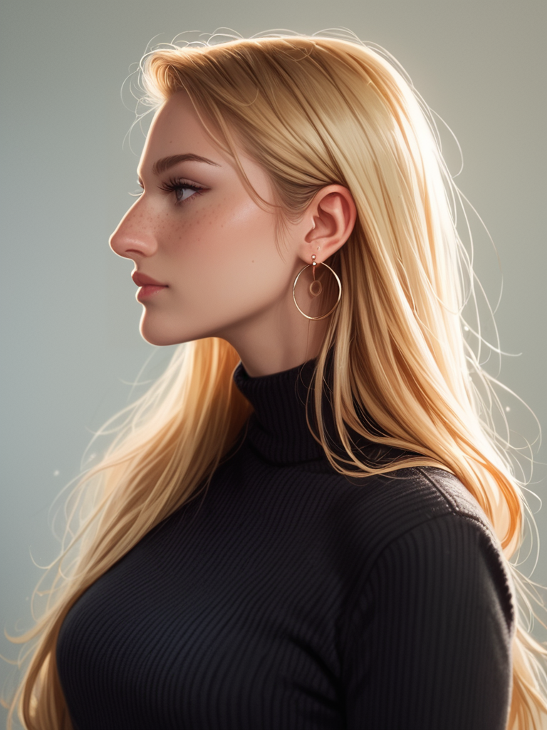 Score_9, score_8_up, score_7_up, <lora:Big_Nose_Ladies:.8> bignoselady, large nose, aquiline, 1girl, solo, jewelry, earrings, blonde hair, long hair, sweater, black sweater, freckles, profile