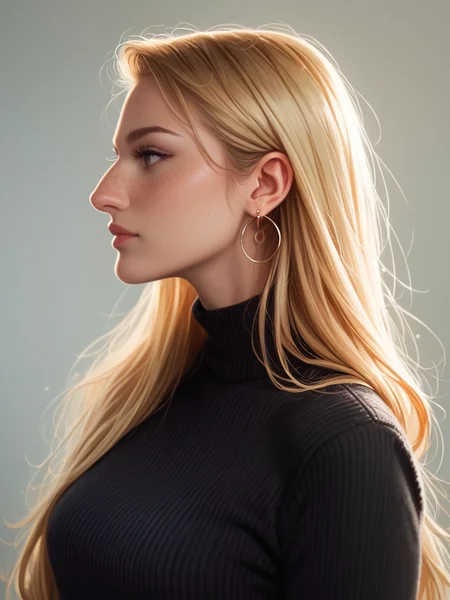 Score_9, score_8_up, score_7_up, <lora:Big_Nose_Ladies:.8> bignoselady, large nose, aquiline, 1girl, solo, jewelry, earrings, blonde hair, long hair, sweater, black sweater, freckles, profile