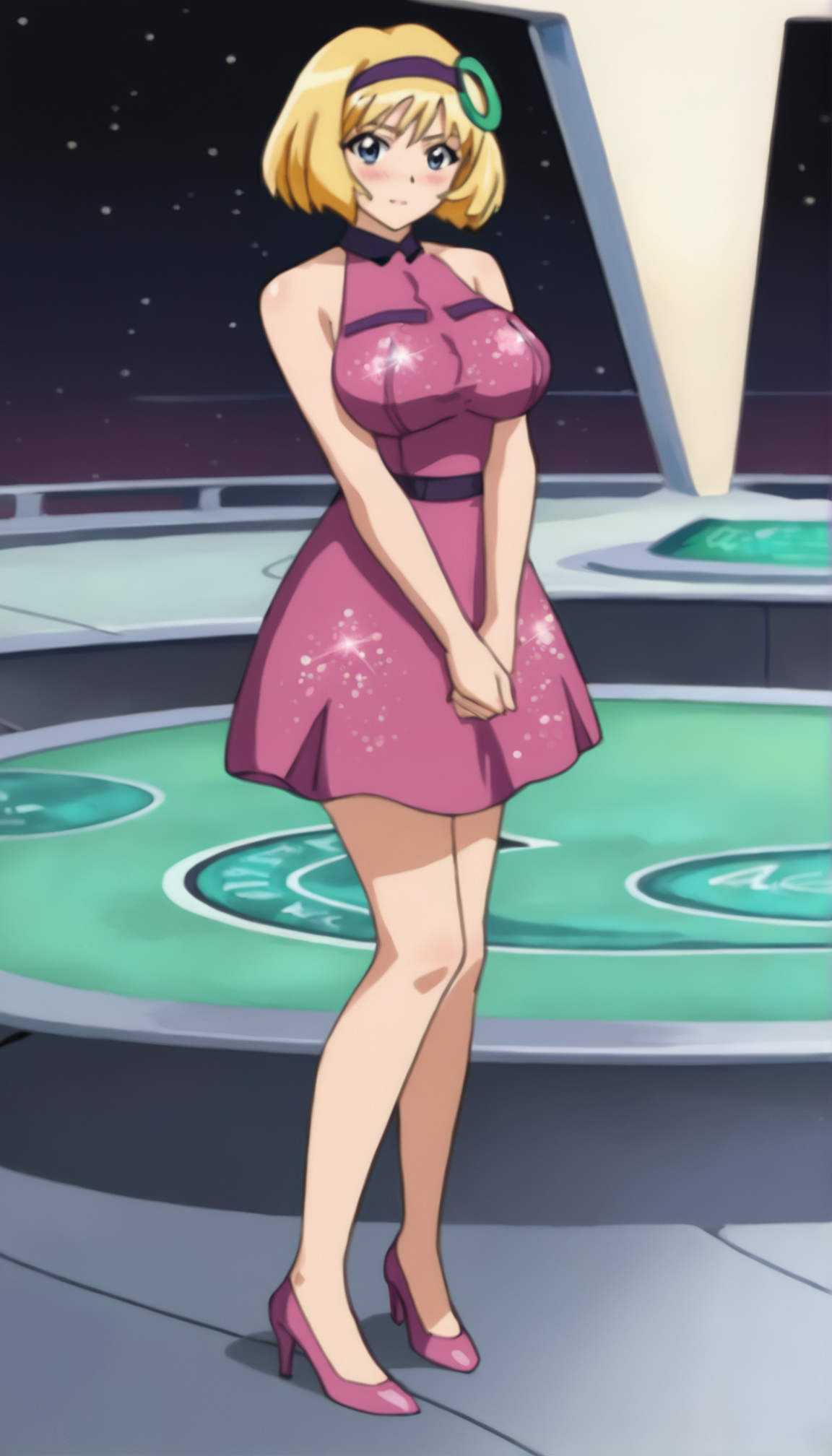 score_9_up, source_anime, belvedere_coco,  short hair, blonde hair, 1girl, solo. bare shoulders, hairband, blue eyes. blush.looking at viewer. full body. blush. breasts, legs.  bob cut,   hair ornament, large breasts, pink high heels. pink dress. sparkly dress.