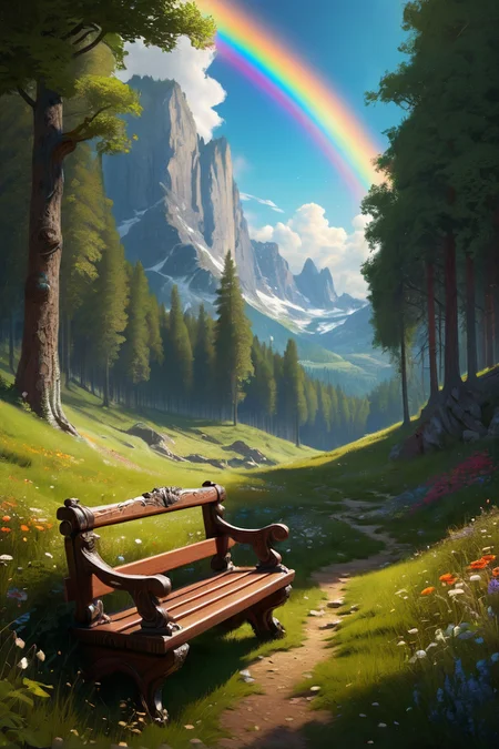 vibrant summer forest clearing with wooden bench ,celestial forges where star-metal flows like mercury, the anvils ringing with primordial creation myths, mountain, rainbow noon,weather dry heat by the wall cinematic view, epic sky, detailed, concept art, low angle, high detail, warm lighting, volumetric, godrays, vivid, beautiful, trending on artstation, by wlop, huge scene, grass,flower, art greg rutkowski,