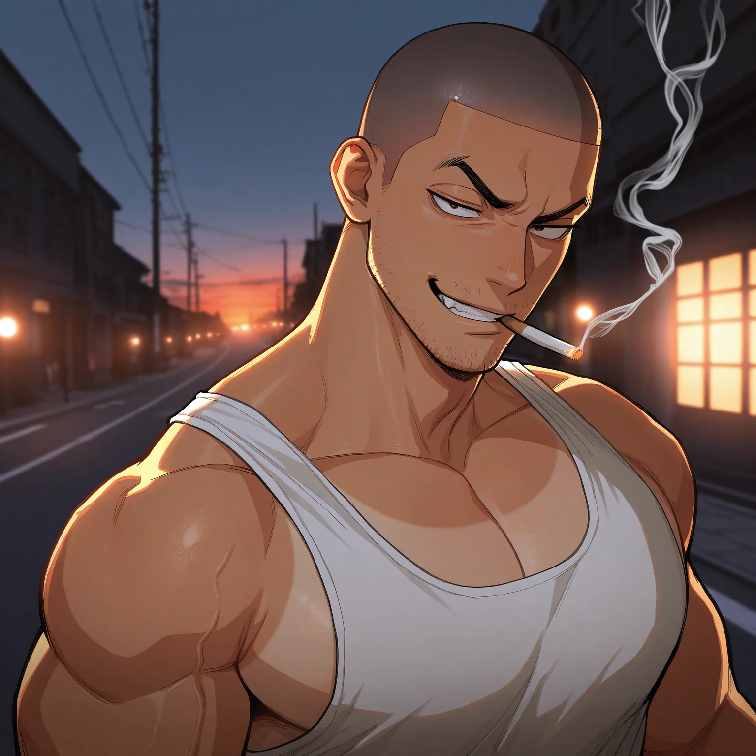 masterpiece, best quality, absurdres, newest, perfect quality, best quality, absolutely eye-catching, detailed background, intricate details, male, bara, delinquent, thug, street, sunset, white singlet, stubble, tan skin, buzzcut, upper body, looking at viewer, rim lighting, dim lighting, smirk, smoking,