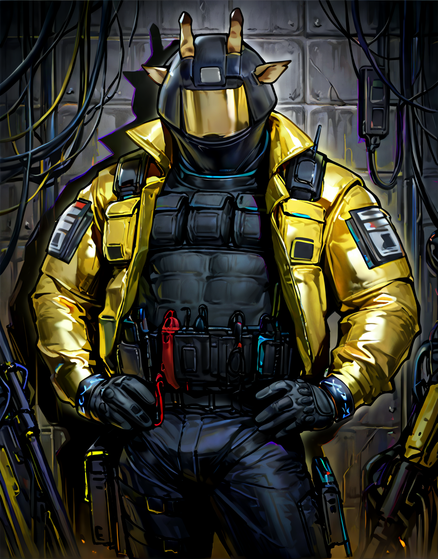 mech@nist,1boy,male focus,helmet,bulletproof vest,giraffe horns,animal ears,yellow jacket,infection monitor \(arknights\),faceless,solo,standing,looking at viewer,open jacket,abs,muscular male,fashion pose,confident pose,hands on hips,glossy jacket,mature male,<lora:Mechanist:1>,<lora:SLE_v2:1>,<lora:noobai_vpred_1_masterpieces_v23:1>,<lora:NOOB_vp1_detailer_by_volnovik_v1:1>,<lora:detailed skin style illustriousXL v1:1>,masterpiece,best quality,very aesthetic,detailed,