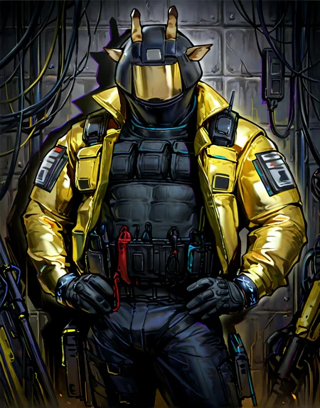 mech@nist,1boy,male focus,helmet,bulletproof vest,giraffe horns,animal ears,yellow jacket,infection monitor \(arknights\),faceless,solo,standing,looking at viewer,open jacket,abs,muscular male,fashion pose,confident pose,hands on hips,glossy jacket,mature male,<lora:Mechanist:1>,<lora:SLE_v2:1>,<lora:noobai_vpred_1_masterpieces_v23:1>,<lora:NOOB_vp1_detailer_by_volnovik_v1:1>,<lora:detailed skin style illustriousXL v1:1>,masterpiece,best quality,very aesthetic,detailed,