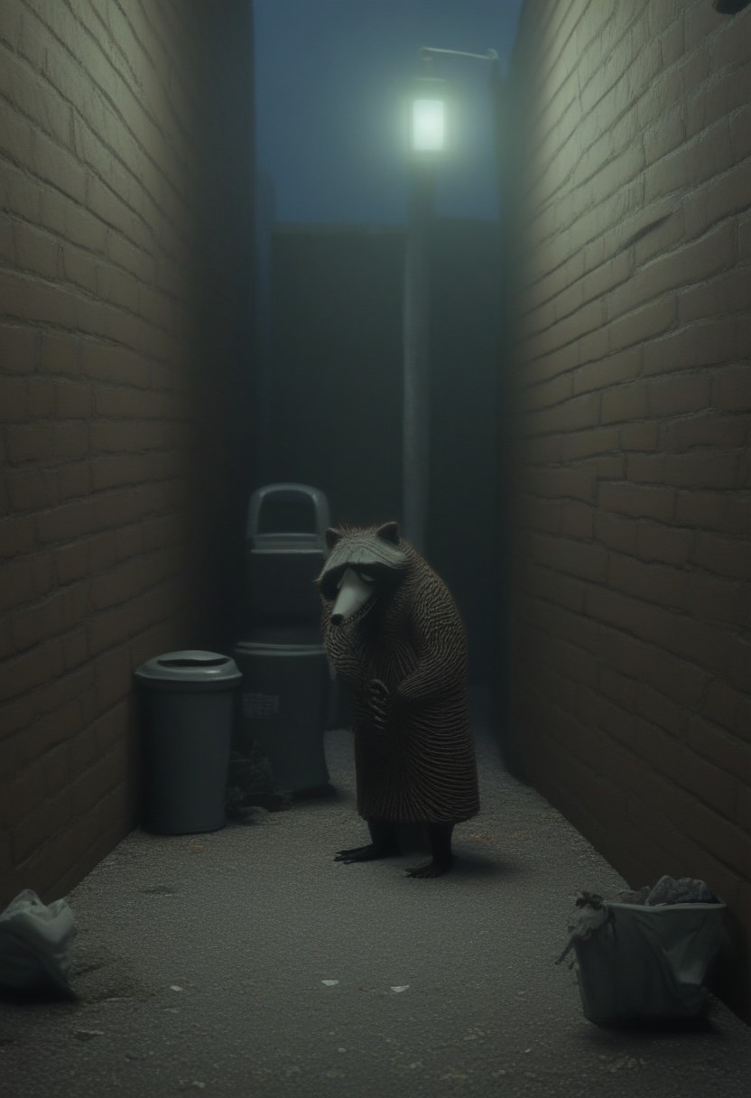 nbcstyle, horror theme, 1boy, solo, raccoon, trash can, alley, night, dark, scary, garbage, outdoors