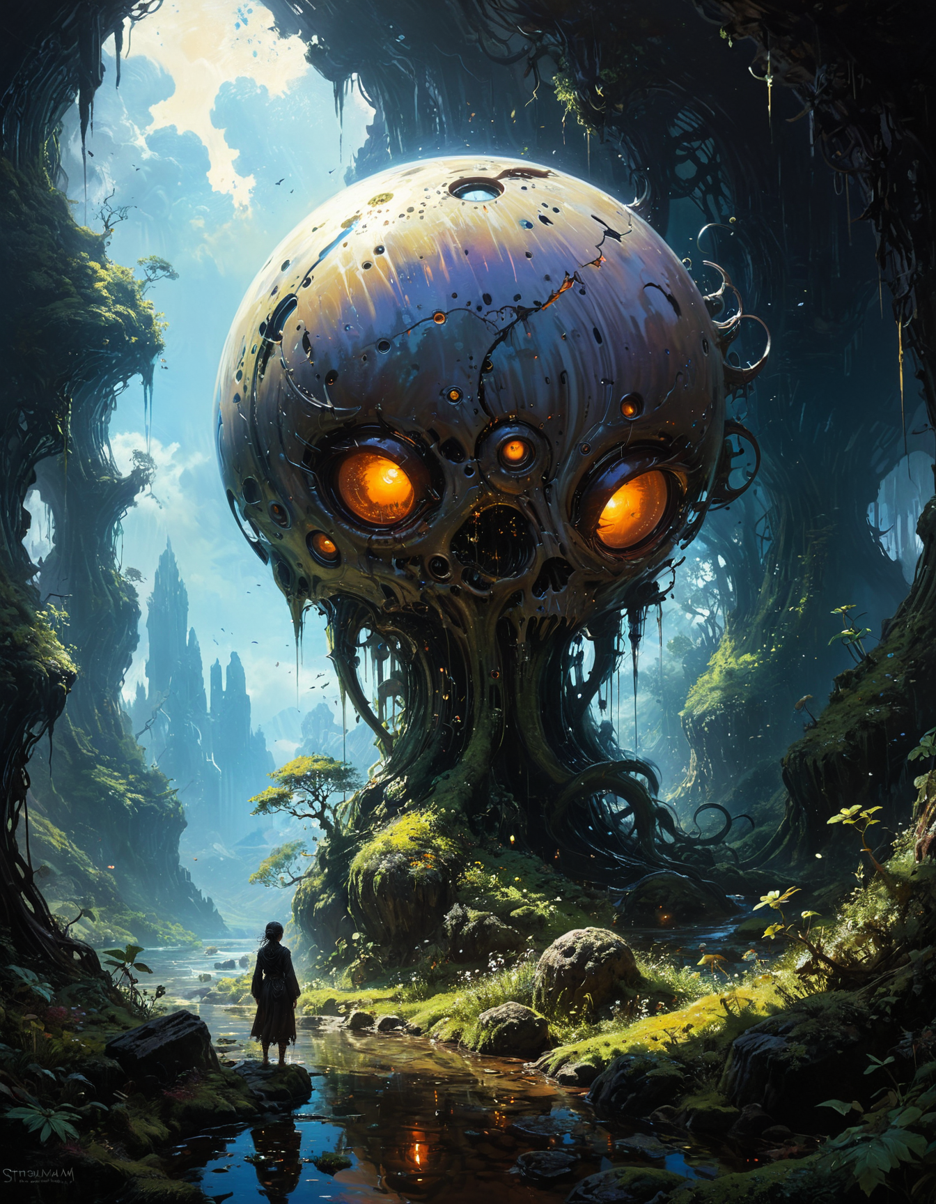 hyper realistic and highly detailed, monochrome masterful traditional oil painting (by Stephan Martiniere, by Alena Aenami, by Yoann Lossel:1.4), strange, bizarre, odd, awkward, peculiar, weird, award-winning macro photo, (short depth of field:1.2), (fractal art:0.4), the (diminutive:1.4) "manic mudgonkler" is a (mind-bending:1.1) and (mystical:1.2) (colorful creature:1.1), it thrives among the (eldritch flora:1.1) in the moors on planet "thisoneismine ii", (dappled light:1.2) , perfect composition, full panoramic shot
<lora:xl_more_art-full_v1:0.5> <lora:- SDXL - vanta-black_contrast_V3.0:0.5> <lora:Into_Darkness:0.5>  <lora:add-detail-xl:0.5> <lora:sss:0.6> sss