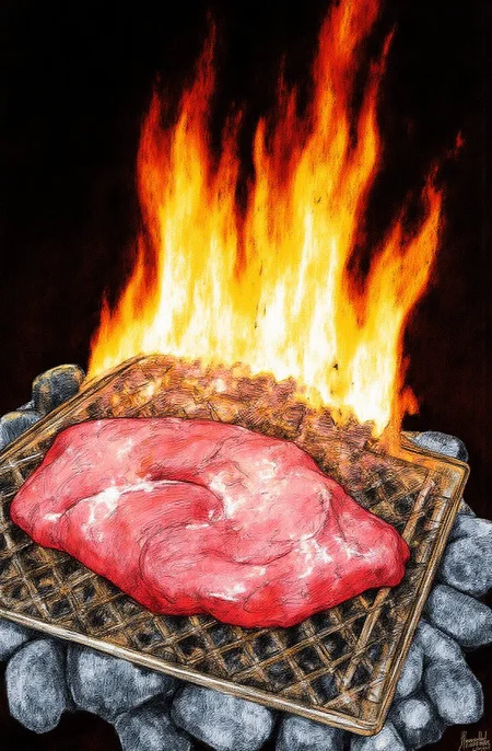 Sharp image of a rough sketch, rendered in vibrant multi colour ballpoint pen, capturing the adorable features of a large piece of meat being cooked on a grill over an open fire. The meat appears to be a roast beef, with a pinkish-red color and a shiny texture. The grill is made of metal wire mesh and is placed on a bed of coals. The fire is burning brightly, with orange and yellow flames visible in the background. The flames are dancing and flickering, creating a warm and cozy atmosphere. The background is dark, making the fire stand out even more. p3nsk, <lora:p3nsk:1>