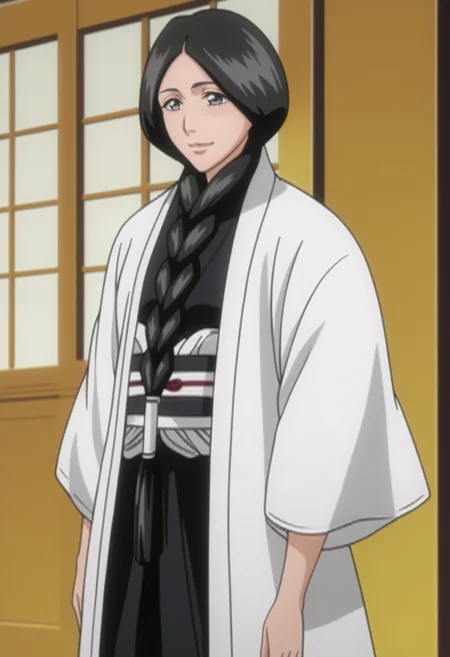 score_9, score_8_up, score_7_up, source_anime, BREAK 1girl, solo,mature female, cowboy shot, <lora:DX888Retsu:1>, unohana retsu, black hakama, smile, anime screencap, single braid,
