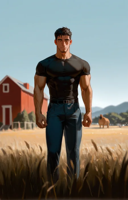 <lora:Random_style_lora_Illustrious:1>, ((rtxon, scenry, depth of field, wide shot, farm)), man, ,, masterpiece,best quality,amazing quality,very aesthetic,high resolution,ultra-detailed,absurdres,
solo, male focus, muscular male, muscular male, bara, mature, (very short hair, beard, bara, mature, facial hair, stubble), facial hair, bara, mature,
aixiwuganda_(20222192), very awa, masterpiece, best quality, absurdres, newest, perfect quality, detailed background, intricate details,
<lora:slider_Body Type_alpha1.0_rank4_noxattn_last:2><lora:style_Anime Summer Days 2 Style SDXL_LoRA_Pony Diffusion V6 XL:.6><lora:slider_cfg_scale_boost:.7><lora:Artist6p:.55> Artist6p, Artist04p,<lora:slider_il_brightness_slider_d1:-1><lora:slider_il_contrast_slider_d1:-1><lora:slider_DarkSlider1.2_alpha1.0_rank16_full_300steps:-.6>