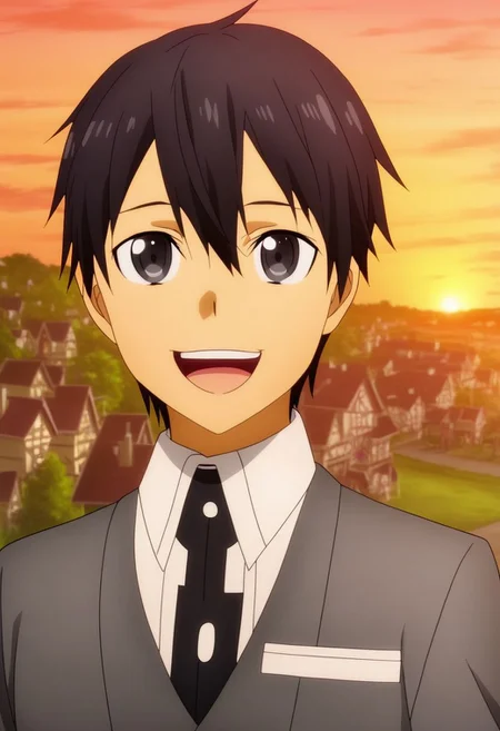 high resolution, professional photography, best quality, 1Boy, Kazuto Kirigaya, Black Hair, Black Eyes, potrait, laughing, very happy, half body, village, sunset, looking at viewer,, OverallDetail