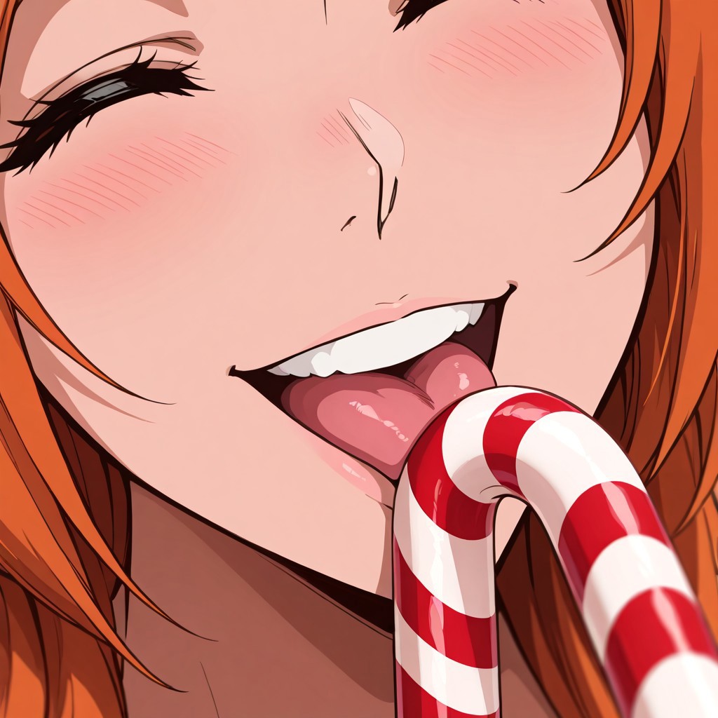 C4NDYC4N3, an anime styled image, masterpiece, absurdres, solo, facing viewer, anime style, anime lineart, bleach, licking, tongue out, tongue, upper teeth, smile, face focus, 1girl, 0rihime, long hair, orange hair, large breasts, (focus on mouth), smile, blush, christmas theme, biting, candy cane, food, teeth, simple background, red and white theme, depth of field, dynamic, close-up, cropped