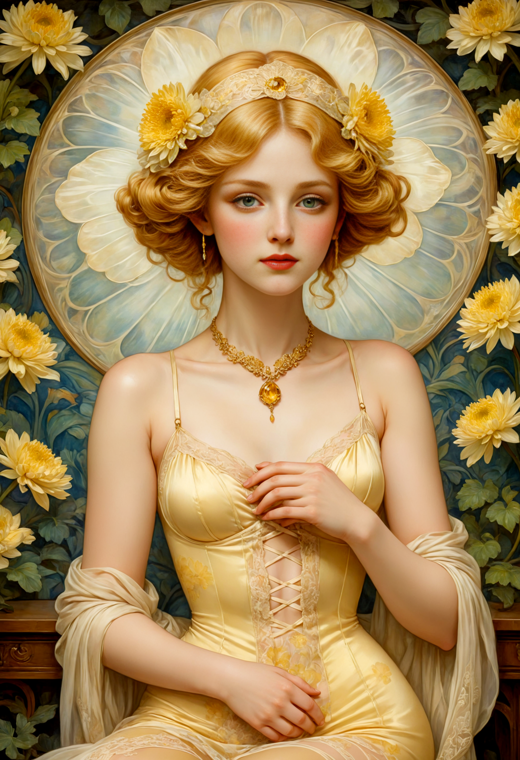 A full-body oil painting A French Maiden in the Belle Époque Embracing the elegance of the ((Art Nouveau)) era, she embodies the grace of a tender chrysanthemum with (tender curls adorned with pale yellow highly revealing transparent laces), eyes aglow with pride, ((embellishing blush)), (white translucent skin, pale skin, royal fair, porcelain white like skin, with a hint of freckles) ((dressed in her skimpy attire tailored for visual delight)), featuring delicate pale yellow fabrics and intricate (flourished patterns, natural floral ornaments), accessorized with a ((citrine necklace)) and a (tender chrysanthemum-colored velvet full-body veil inspired by Art Deco, lace-embellished and blossoming). Completing her ensemble, she wears (pale yellow silk stockings with garter straps)., ((Intricate Art Nouveau Style)), refined delicacy, subtle allure, intricate precision, mystical and dreamlike, with a focus on mythological and symbolic themes that evoke a sense of mystery and wonder, soft and muted colors that add a sense of subtlety and nuance, precise craftsmanship that showcases a mastery of composition and design, a sense of longing and nostalgia that adds a layer of poignancy, ((Edward Coley Burne-Jones)), Laurits Tuxen, Aubrey Vincent Beardsley. <lora:add-detail-xl:1> <lora:aidmaMidjourneyV6.1-v0.1:0.5> <lora:SDXLFaeTastic2400:0.5>