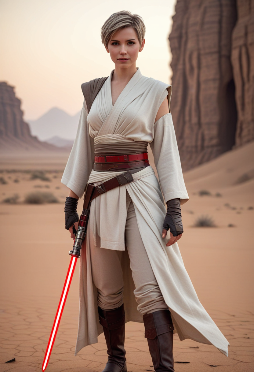 (medium full shot) of (sexy jedi) female mirialan, short cropped hair, wearing a traditional Jedi robe,woven fabric belt,ankle-length Jedi boots, utility belt with pouches, lightsaber with red blade, smiling at the viewer, set in  a barren desert wasteland, with cracked earth and the remains of ancient structures, a place of mystery and danger, at dawn, Masterpiece,best quality, photorealistic, amazing quality, very aesthetic, extremely detailed face,