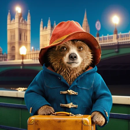 Paddington1024, a bear with an orange , london background, detailed eyes, highly detailed, photography, ultra sharp, film, bokeh, professional, 4k <lora:add-detail-xl:1.5> <lora:Paddington1024:0.8>