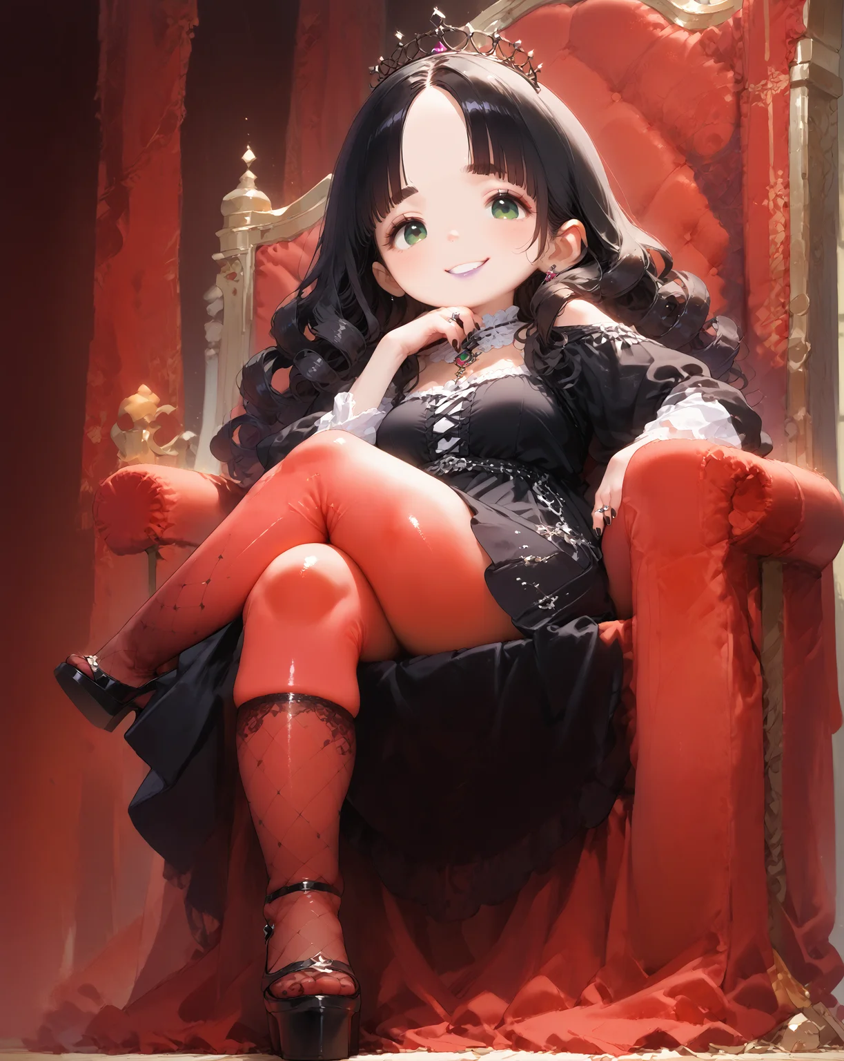 score_9, score_8_up, score_7_up, score_6_up, source_anime, rating_safe, ah1, 1girl, (curly hair), long hair, (black hair), mature female, (parted hair:1.7), (round face), (no_bangs:1.3), (no_fringe:1.6), looking at viewer, (thick eyebrows), (curvy), round-chin, (greenish hazel eyes), caucasian, (downturned eyes), <lora:ETO_OCPonyXL:0.5> eto_oc, skindentation, plump, thick thighs, wide hips, busty, voluptuous, kinky curls, lips, bad-hands-5, (sitting on a throne, a wicked grin under a heavy crown), (in Elven Library with Ancient Scrolls and Elaborate Bookshelves), ((crossed legs)), <lora:venus body PonyXL:0.8>, <lora:xl_more_art-full_v1:0.4>, <lora:shinyskin2:0.3> glistening skin, <lora:aesthetic_anime_v1s:0.4>, <lora:Expressive_H:0.4> Expressiveh, <lora:hairdetailpxl:0.4> hairdetailpxl, <lora:EpicF4nta5yXL:0.4>, <lora:detailxl:0.4> detailxl, <lora:Fant5yP0ny:0.4>, best quality, amazing quality, best aesthetic, absurdres, <lora:expressive eyes:0.4> expressive eyes, (from below, from side (focus on knees)), <lora:eyedetailpxl:0.4> eyedetailpxl, elegant gothic girl, dark victorian, long-sleeve top with trumpet sleeves, maxi skirt with gothic patterns, gothic dress, patterned stockings, wedge heels with dark accents, deep purple lipstick, smokey eyeshadow, dramatic eyeliner, black nail polish, pale skin, gothic rings,