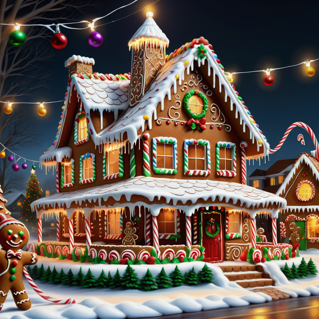 hyper detailed masterpiece, dynamic realistic digital art, awesome quality,  gingerbread house art, fezziwig, jingle bells, uplifting and spirited,generous and giving, task lighting, participating in a holiday parade