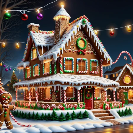 hyper detailed masterpiece, dynamic realistic digital art, awesome quality, gingerbread house art, fezziwig, jingle bells, uplifting and spirited,generous and giving, task lighting, participating in a holiday parade