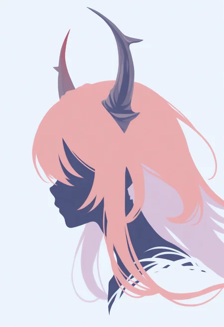 masterpiece, best quality, 1girl, solo, 5urtr, red hair, long hair, horns, vector art, simple background, no lineart, silhouette, portrait, no eyes, from side, <lora:ChamSurtrNoob:1>