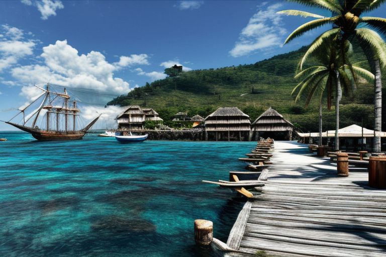 (masterpiece:1.2), (best quality,:1.2), 8k, HDR, ultra detailed, ((photorealistic)), perfect anatomy, pire, ship, pier, over looking a harbor in the caribbean, noon