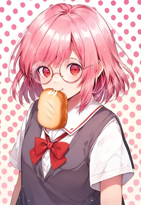 score_9, score_8_up, score_8, score_7_up, 
1girl, solo,
pink hair, medium hair, medium bob hair, red eyes, (round glasses:1.1), school uniform, white shirt, short sleeves, red bowtie, dark skirt,
polka dots background, smile, eating, bread, loaf, eating, close shot, cute girl, looking at viewer, (cowboy shot:1.1),
cute, kawaii, hearts,