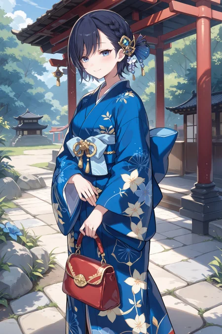 score_max, (score_9, score_8_up, score_7_up:1.2), score_6_up, official art,
masterpiece, absurdres, high detail, 8k,
japanese shrine, stone floor, stone lantern,
standing, holding bag, handbag, light smile, blush,
cattleya, kimono, blue kimono, print kimono, long sleeves, wide sleeves, hair ornament
<lora:XL_Pony_gomaotsu-cattleya-t1:1.0>