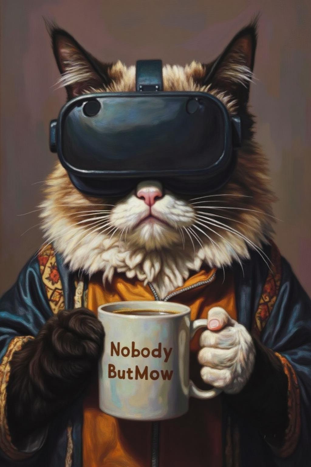 chenyifei1 painting. Grumpy Cat holding a coffee mug, wearing a VR Headset. The mug has the phrase "NobodyButMeow" printed <lora:chenyifei1_cap_d6a3:1.0><lora:839190726786060468:0>