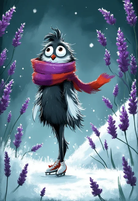 A whimsical illustration of a tiny penguin with impossibly long spindly legs in dark whimsical art style, wobbling on ice skates while wrapped in an oversized knitted rainbow scarf, surrounded by frozen purple lavender flowers trapped in ice crystals, digital painting with frosty brushstrokes showing ruffled feathers dusted with snow, stormy blue-grey background with aurora borealis lights, characteristic Tim Burton inspired design with enormous round coal-black eyes and nervous expression, frozen teardrops turning into tiny icicles on its beak.