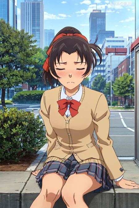 kazuhatv,1girl,solo,short hair,hair ribbon,ponytail,small breasts,school uniform, pleated skirt,sky,cityscape,sitting, looking at viewer,closed eyes, nose blush,invite to kiss,
<lora:kazuhatv:0.8>