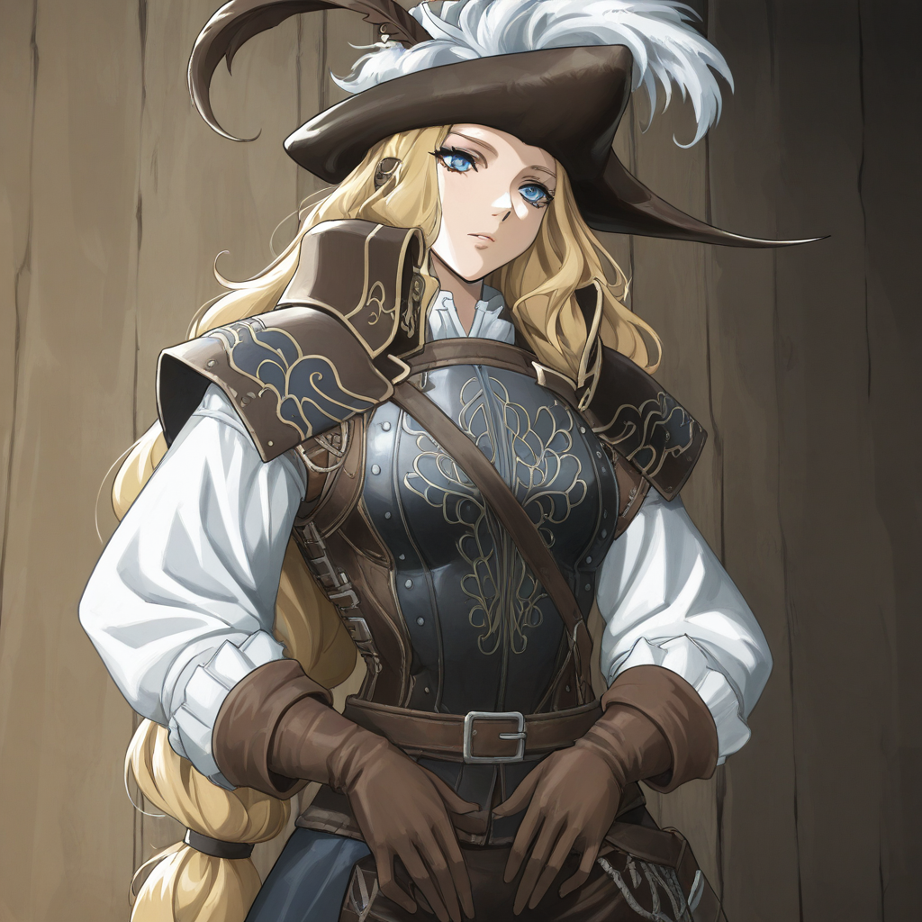 masterpiece, best quality, newest, absurdres, highres, anime, anime style, 1girl, DS2Luc-V1.1, blonde, armor, hat, tricorne, brown gloves, long sleeves, hat feather, blue eyes, long hair,