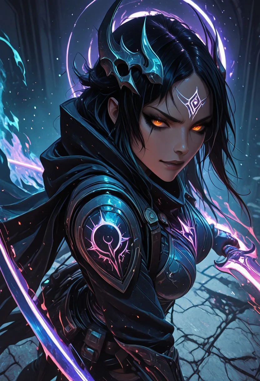 (masterpiece), (best quality), 8k, 1girl, celestial assassin, intense low lighting, glowing crescent blades, purple glow, dual-wielding, shadowed face, glowing eyes, dark eclipse sky behind her, glowing voidlight aura, Void crown, half crescent crown, orange eyes, mystical sigils on ground, long flowing cloak fluttering, sci-fi fantasy armor with celestial patterns, moonlit silhouette, cinematic perspective, ethereal particles, radiant eclipse corona, sleek asymmetrical hairstyle, atmosphere of silent finality, black eyeshadow, Void flames, Burning Cloak, Flaming cloak,
Action Shot, Slashing blades, Fierce expression, partical effects, dynamic, Dynamic position, Dynamic angle, Combat, intense, intense expression, Anger, half smirk,
unique angle, unique position, battle stance, in combat,
Unique, close up, cowboy shot, dutch angle, foreshortening,
From above, Looking at viewer, Close up, Face Focus,