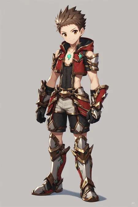 1boy,simple background,rex (xenoblade),male focus,solo,looking at viewer,gloves,smile,brown hair,full body,armor,white background,boots,brown eyes,standing,armored boots,shorts,spiked hair,score_9,score_8_up,<lora:saitom_XL_PONY:0.8>,