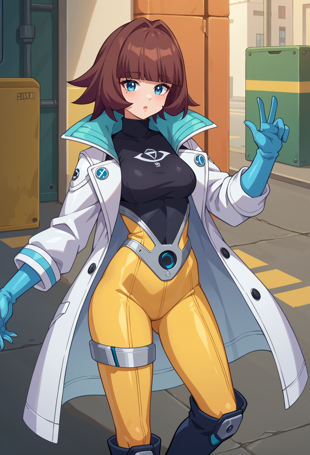 score_9, score_7_up, source_anime, BREAK  <lora:AEEliana:0.7> AEEliana, blue eyes, blunt bangs, brown hair, short hair, mole under eye, bodysuit, yellow bodysuit, black shirt, long sleeves, turtleneck, white coat, blue gloves, black footwear, knee boots,
