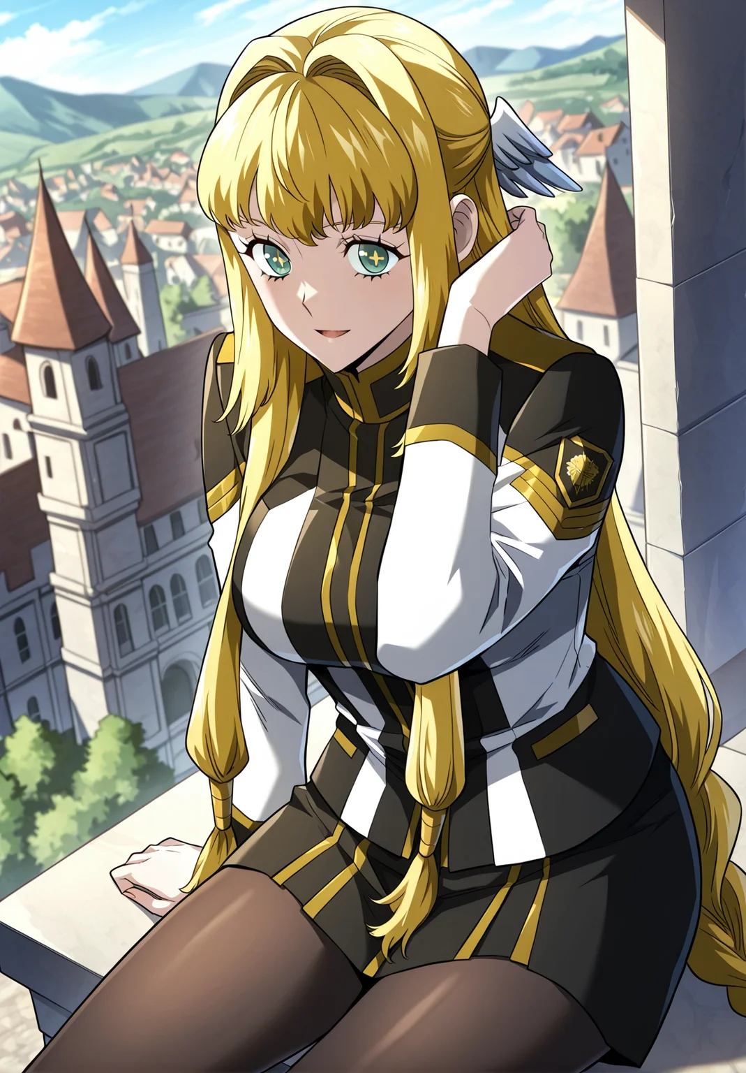 <lora:Dolores_Quovadis__Revenge_of_the_Iron-Blooded_Sword_Hound__Illustrious:1>
Dolores_Quovadis, 1 girl, solo, long hair straight hair, blonde hair, thick braid, long braid, straight fringe, wing hair ornament, green eyes, <lora:DetailedEyes_V3:1>,
Dolores_Quovadis_uniform, academy uniform, black and white uniform, gold trim, high collar, long sleeves, black skirt, black tights, shoulder emblem,
score_9, score_8_up, score_7_up, very aesthetic, source_anime, detailed, high quality, beautiful, masterpiece, detailed eyes, castle, village, blurry background, cityscape, pose dynamic angle, light smile, open mouth, hand on hair, sitting