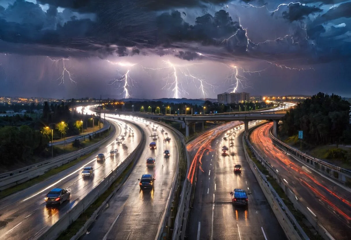 cars on the freeway, bright lights and thunder