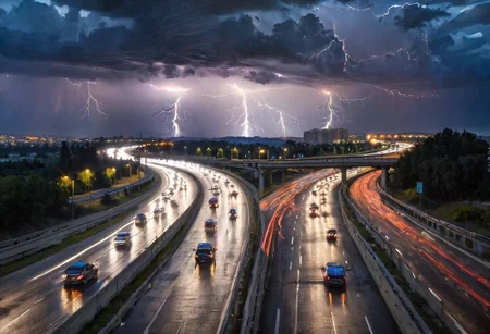 cars on the freeway, bright lights and thunder