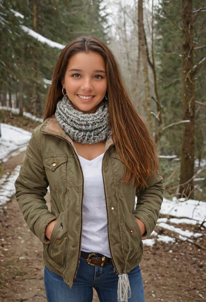 best quality, masterpiece, absurdres, newest, solo,
<lora:CL_Model_SDXL:0.9> 1girl, cl_m0d3l, long hair, straight hair, eyelashes, lips, brown eyes, brown hair, jewelry, earrings, necklace, smile, teeth, looking at viewer,
winter clothes, jacket, jeans, sweater, scarf, belt,
outdoors, winter, forest scenery,