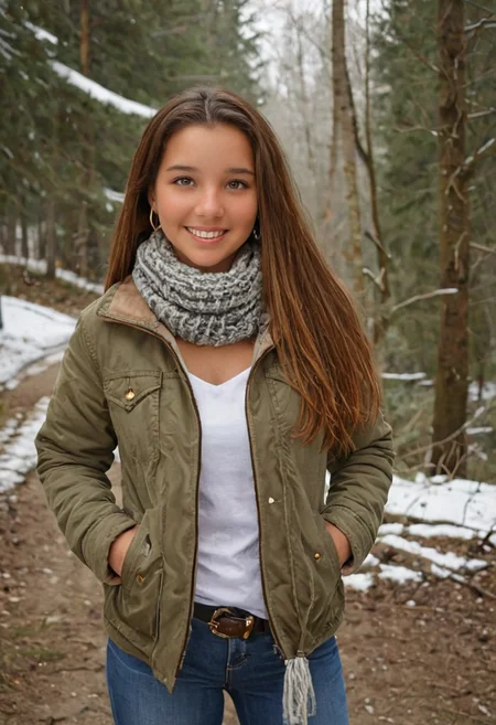 best quality, masterpiece, absurdres, newest, solo,
<lora:CL_Model_SDXL:0.9> 1girl, cl_m0d3l, long hair, straight hair, eyelashes, lips, brown eyes, brown hair, jewelry, earrings, necklace, smile, teeth, looking at viewer,
winter clothes, jacket, jeans, sweater, scarf, belt,
outdoors, winter, forest scenery,