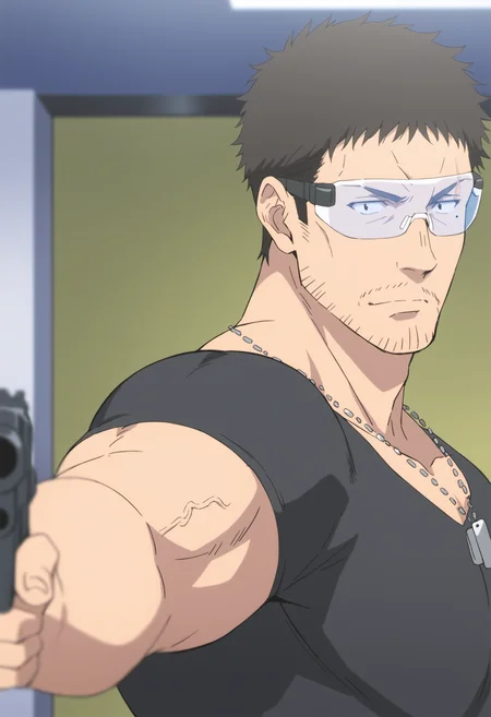 1boy, wolfgangcaptain_80000, black hair, ((veiny arms)), tight black shirt, black eyes, dog tag, stubble, safety glasses, mole under eyes, scar over eyebrow, score_8_up, score_7_up, score_6_up, score_9_up, muscle, stocky body, big muscular,  big arms, mddle-age man, , a man at in shooting training room,  centered, looking at viewer, face_focus, detailed eyes, 8k uhd, high quality, anime color,standing,  side view, close up, ((outstretched arm)), holding a gun