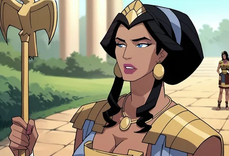 safe_pos, safe_pos, score_9, score_8_up, score_7_up, hippolyta, long hair, blue eyes, black hair, makeup, lipstick, jewelry, earrings, necklace, crown, tiara, 1staff, big breast, cleavage, outdoors, tropical island, 1woman, defined, best quality, hair loose, armor, warrior armor, Greek armor