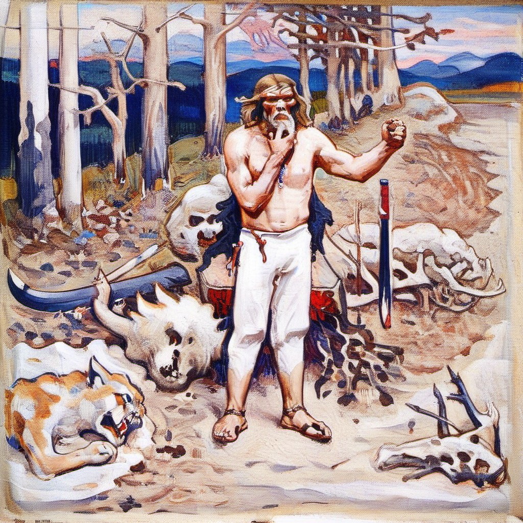 a painting of a man with a lynx, 1boy, male focus, topless male, traditional media, skull, pants, sword, weapon, regret, agk_akseligallen-kallela_-_kalevala