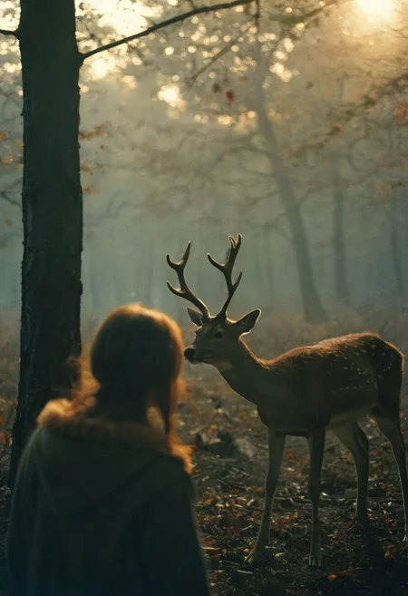 RAW Editorial Photo, portrait of woman and deer facing each other, dark autumn forest, mystic golden hour lighting, thick fog, shallow depth of field, bokeh, cinemascope, 35mm photo, Kodachrome