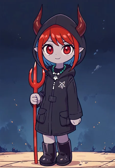score_9, score_8_up, score_7_up, BREAK
highres, highly detailed, high resolution, high quality, 
source_anime, anime screencap, saturation, vivid colors, 
1girl, solo, luce, full body, standing, demon girl,
(dark red hair:1.2), (big dark red eyes:1.1), medium hair, cute, (grey skin:1.1), (horns:1.2), 
(black raincoat:1.1), hood, black rubber boots, 
pentagram necklace, holding one red trident, (red trident:1.2)
stkyswt,
In the style of TOK,
DSP, artist:DSP, mogeko,
pikaole,
blurry background, bokeh, city ruins background, street, dust, 
(outlines:1.2),