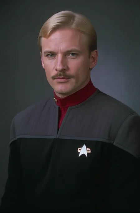 blond man,small moustache, in black and grey ds9st uniform,red collar,professional photo, shot on Hasselblad <lora:DS9XLVGRAD3:0.8>