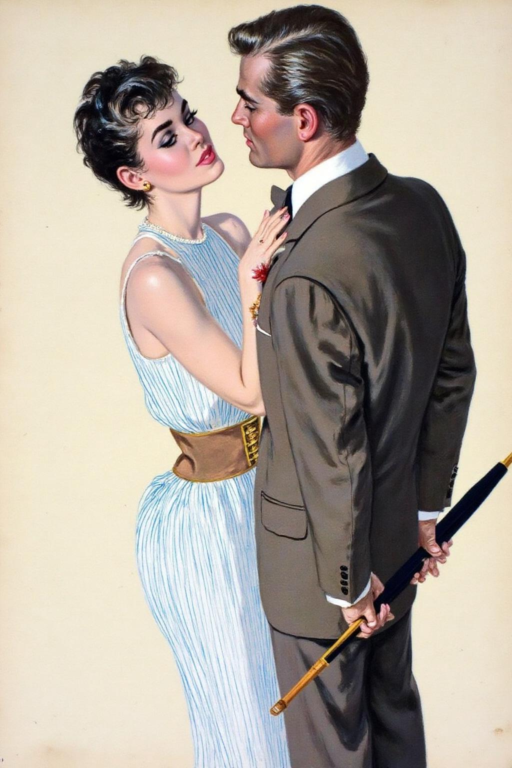 cobyw1 illustration
A romantic scene between a man and a woman. The woman, on the left, has short, styled dark hair and is wearing a sleeveless, white dress with vertical blue stripes, cinched at the waist with a wide brown belt. The man is shown in profile, holding a black umbrella behind his back. <lora:cobyw1_cap_d6a3e12:1.0><lora:818767435739096019:0>